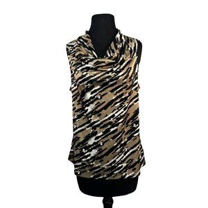 Alfani Womens Size Large Sleeveless Drape Neck Animal Print Top Tan Black